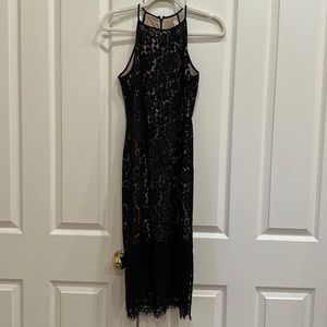 Keepsake lace midi dress in black lace with nude lining. Size S.